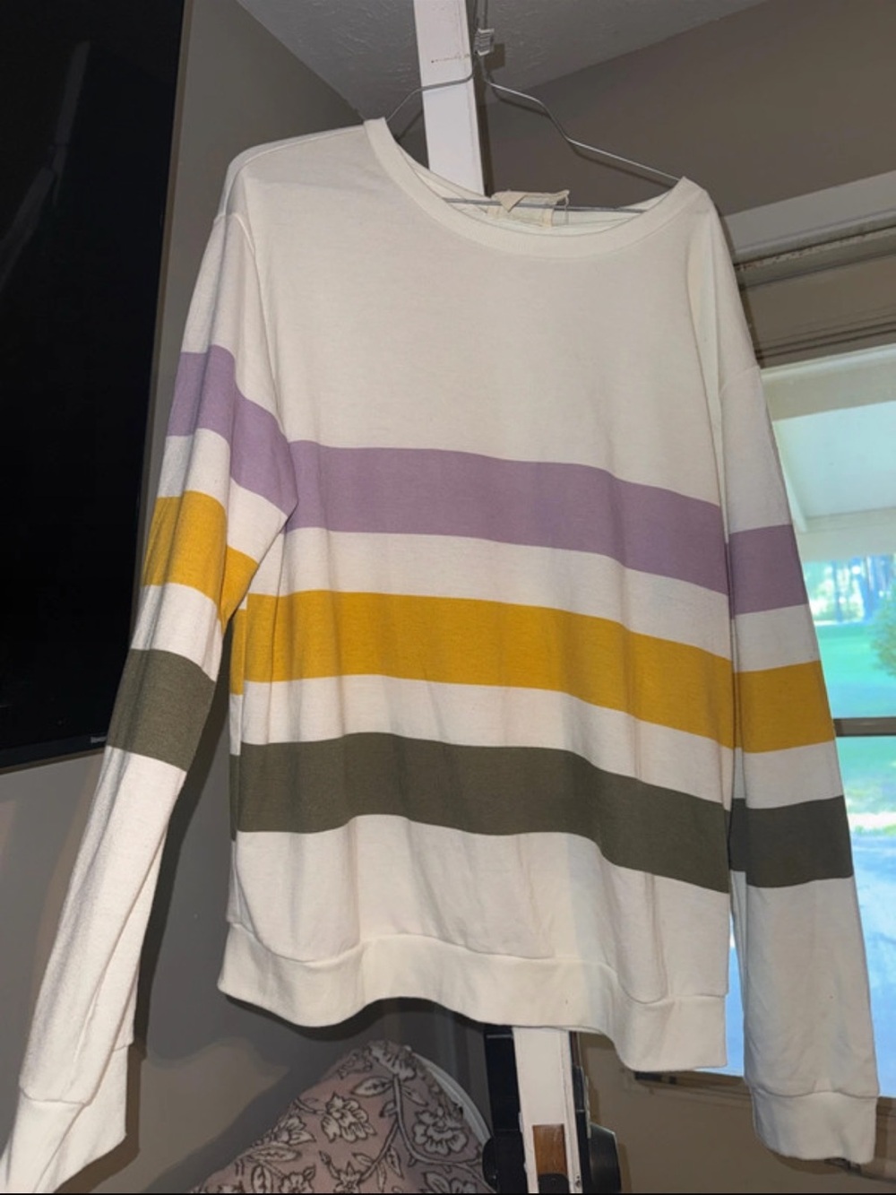Fantastic Fawn Cream Sweatshirt with Lavender, Mustard & Olive Stripes